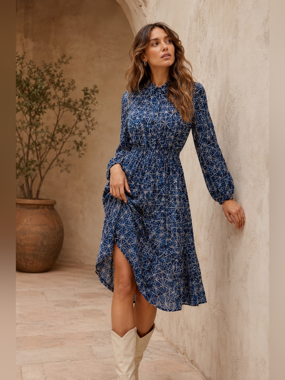 Pinch Blue Geometric Print Midi Dress Small Smocked Waist Button Front Collared